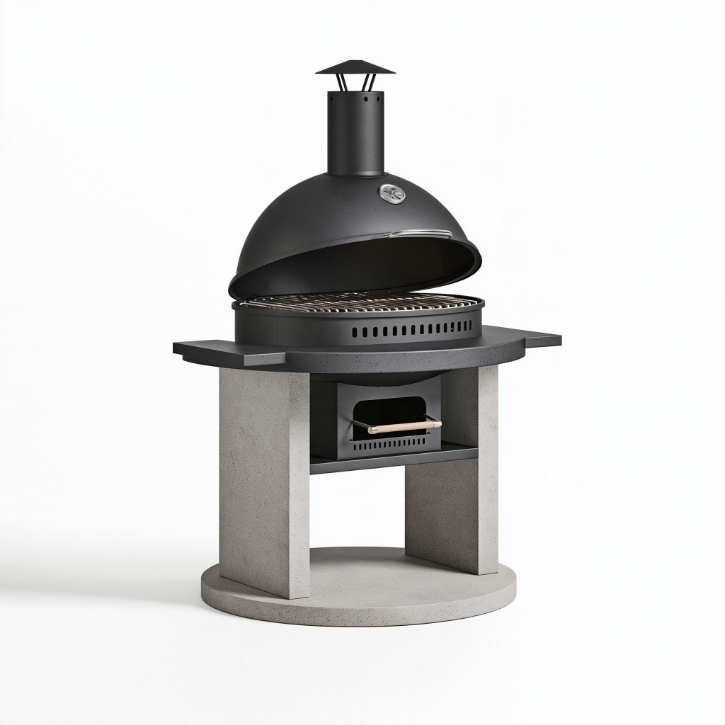 Barbecue de jardin 120 x 85 x 210 cm en acier et béton noir gris avec cheminée