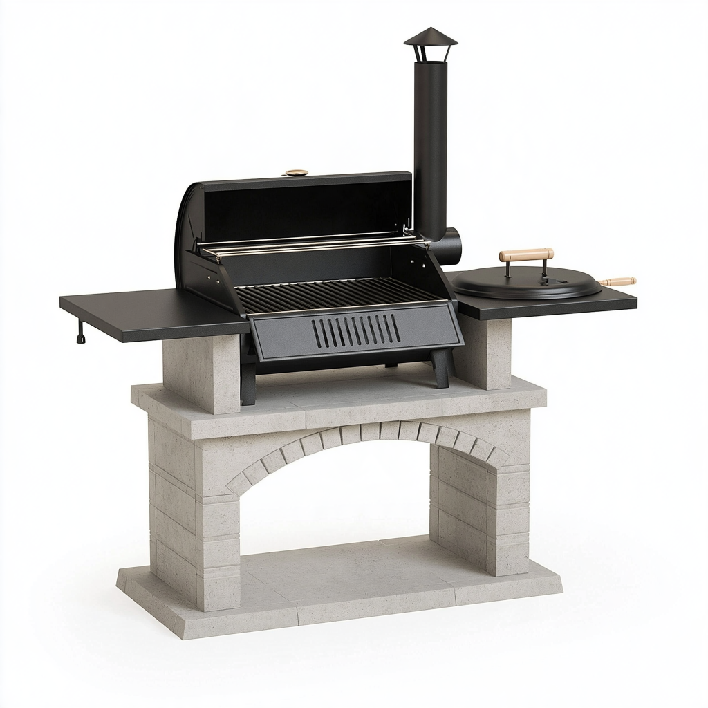 Barbecue extérieur 160 x 70 x 210 cm en acier noir et béton gris avec couvercle et cheminée