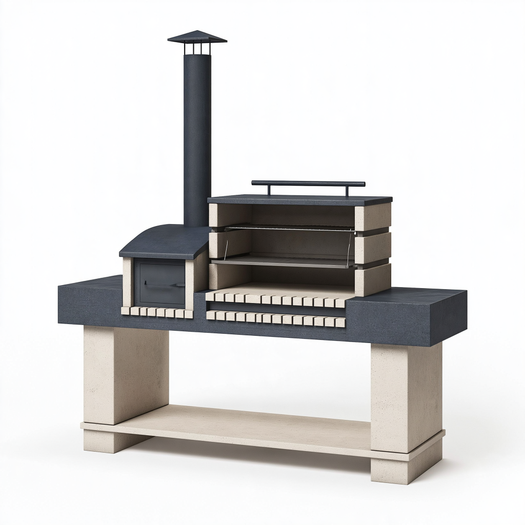 Barbecue extérieur 180 x 70 x 210 cm en béton noir et beige avec four et cheminée