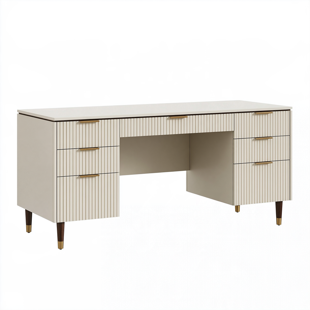 Bureau 140 x 60 x 76 cm en panneaux de bois blanc crème avec 7 tiroirs style contemporain