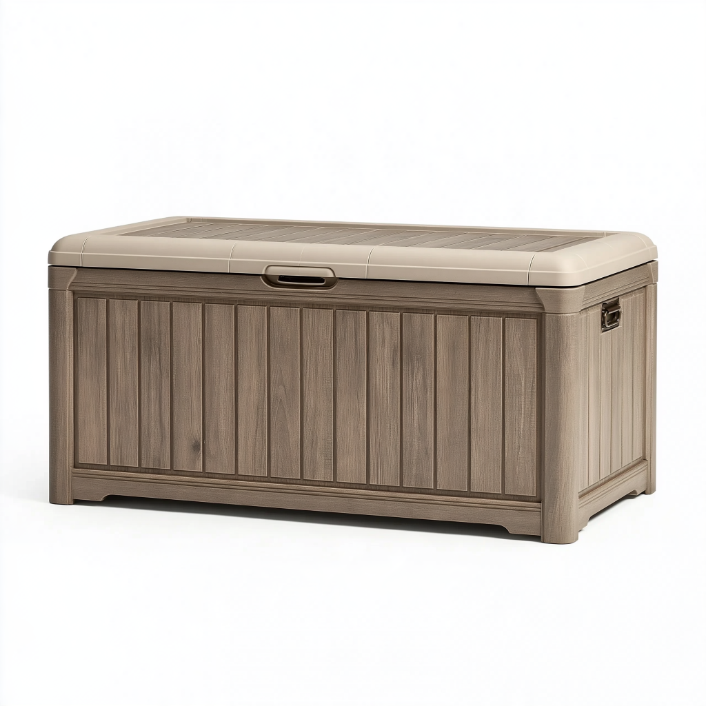 Coffre de rangement extérieur 120 x 55 x 60 cm en résine brun taupe avec couvercle