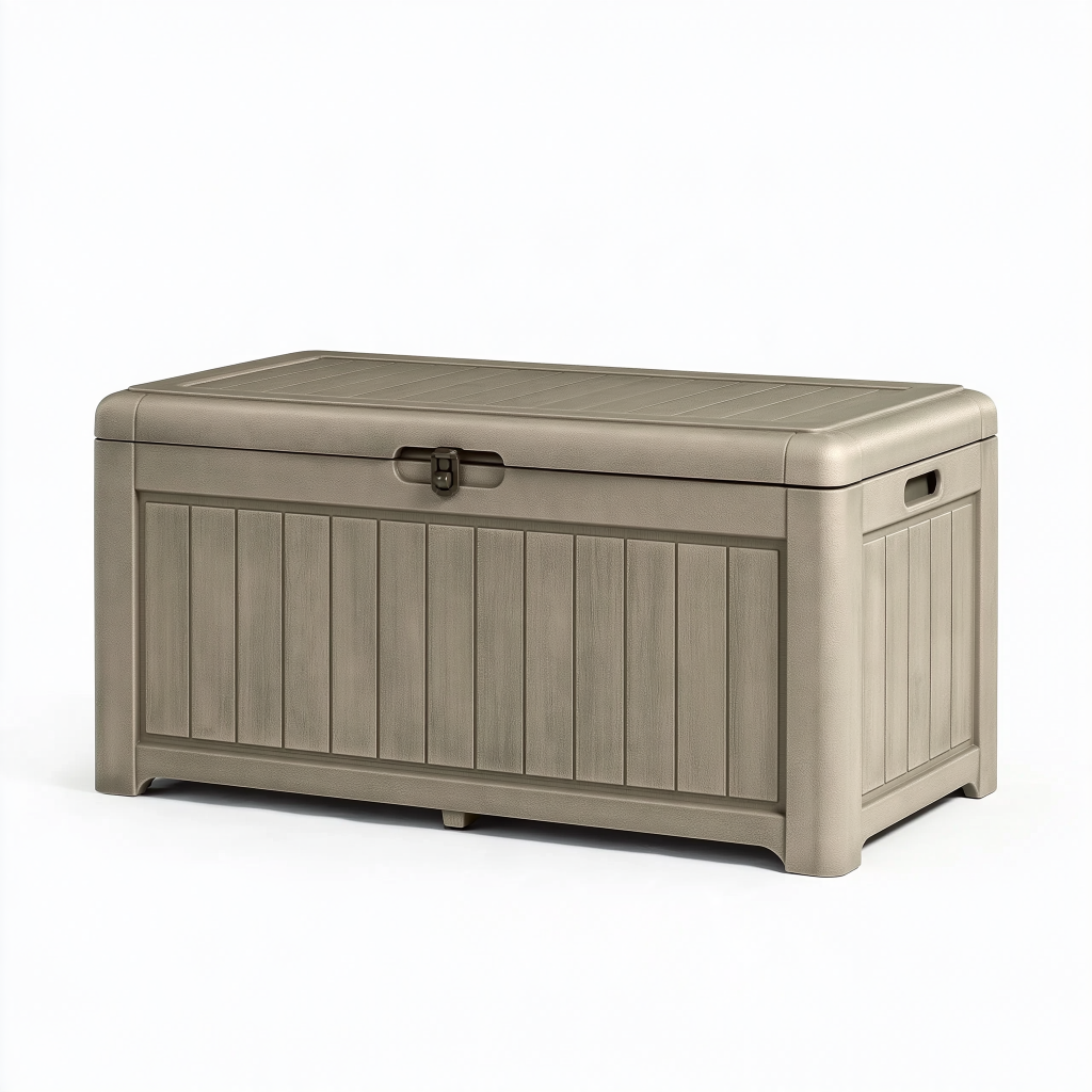 Coffre de rangement extérieur 120 x 56 x 60 cm en plastique taupe avec couvercle verrouillable