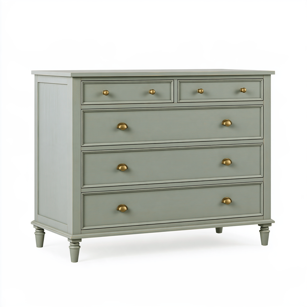Commode 120 x 45 x 90 cm en bois vert sauge à 5 tiroirs style classique