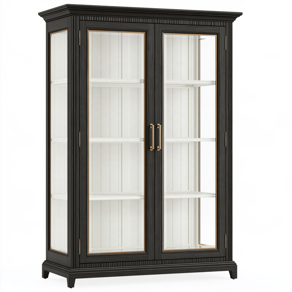 Vitrine 110 x 45 x 210 cm en bois noir et verre - rangement classique à 2 portes