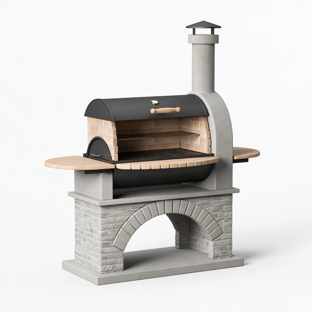 Barbecue de jardin 160 x 85 x 220 cm en béton gris et acier noir avec cheminée et grilles de cuisson