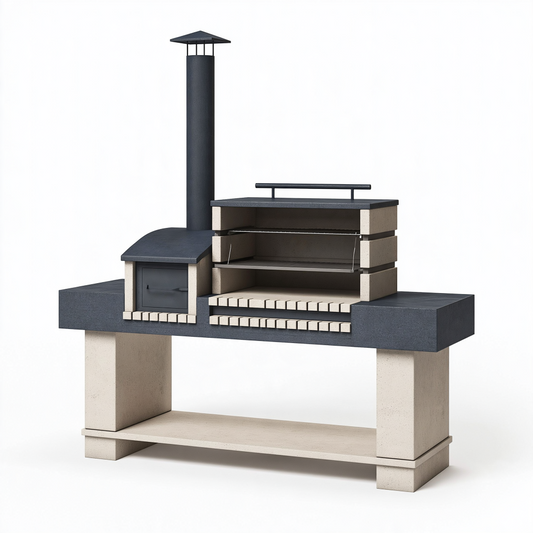 Barbecue extérieur 180 x 70 x 210 cm en béton noir et beige avec four et cheminée