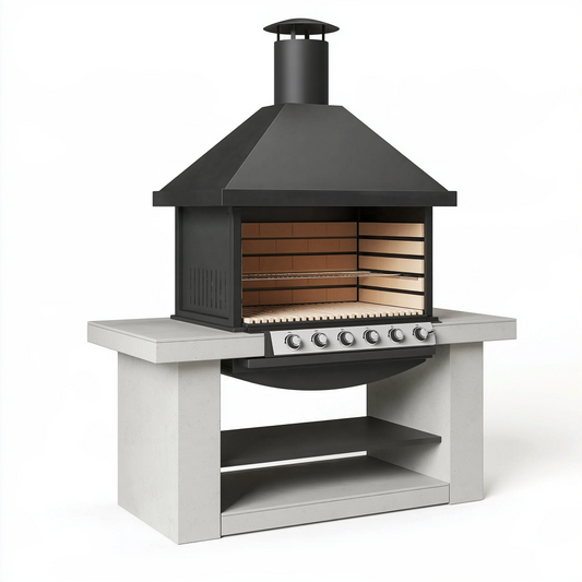 Barbecue extérieur 150 x 80 x 240 cm acier noir et béton avec hotte et rangement