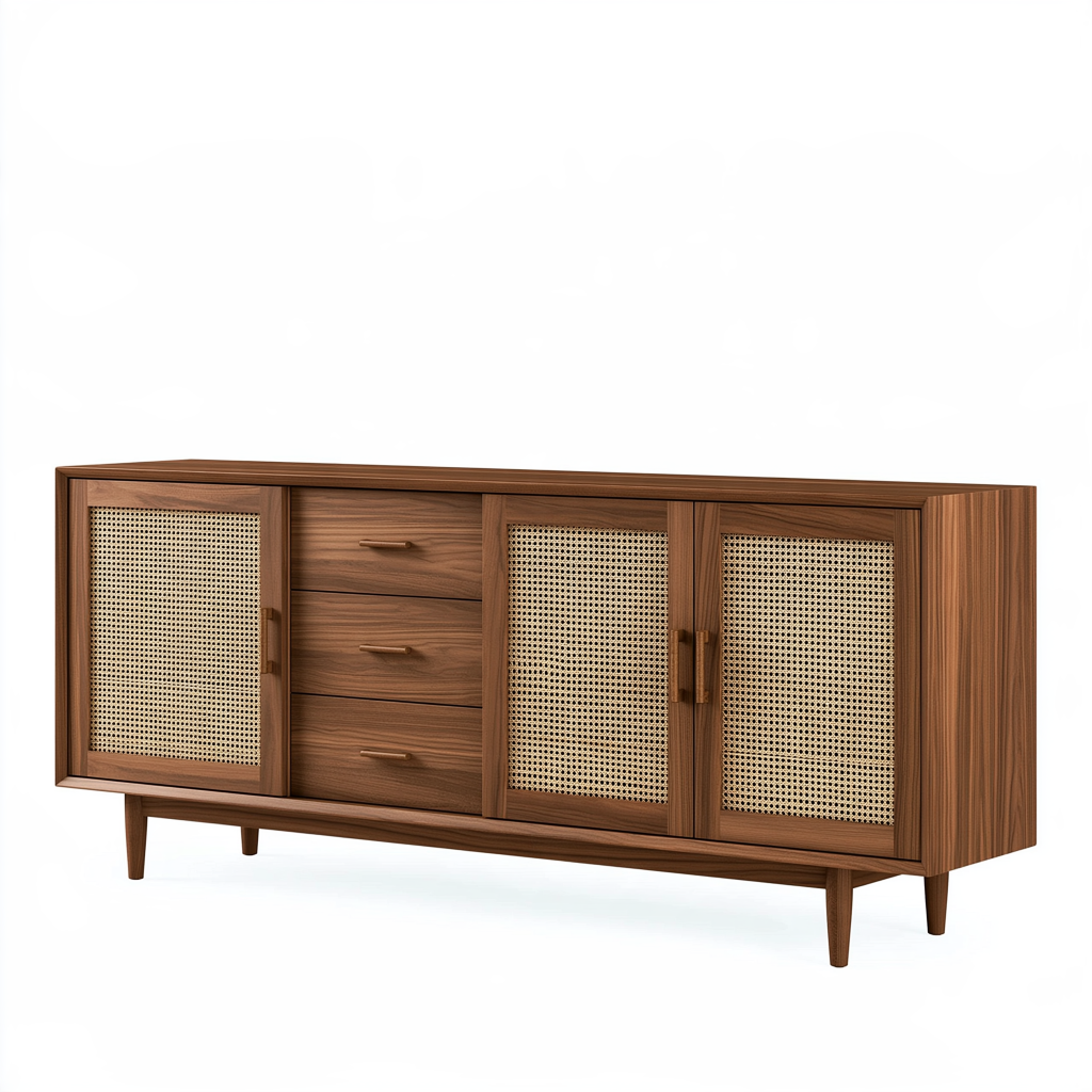 Buffet 180 x 45 x 80 cm en bois brun et cannage naturel style rétro avec rangement