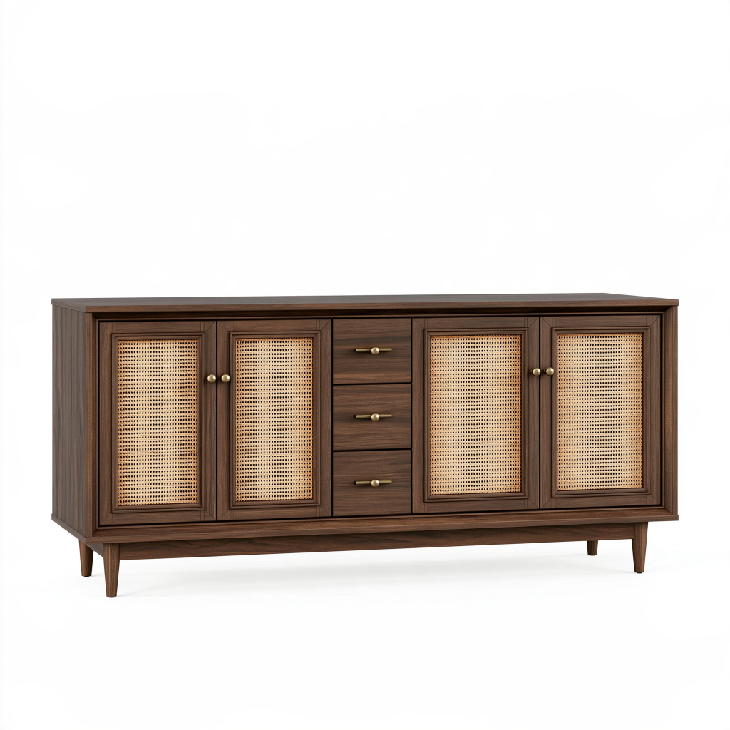 Buffet 180 x 45 x 85 cm en bois brun avec cannage style rétro
