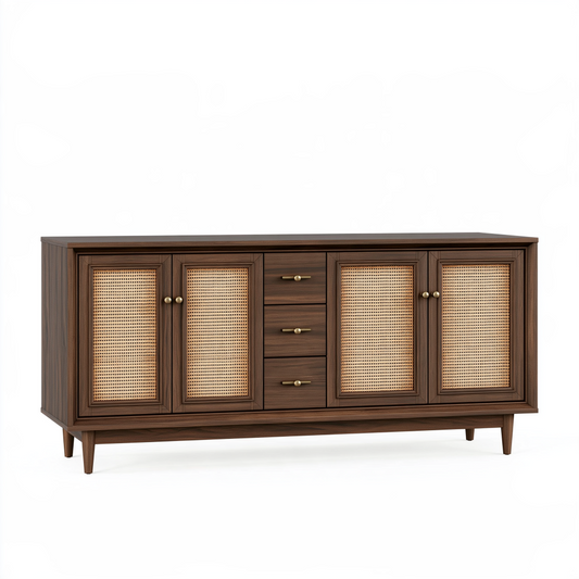 Buffet 180 x 45 x 85 cm en bois brun avec cannage style rétro