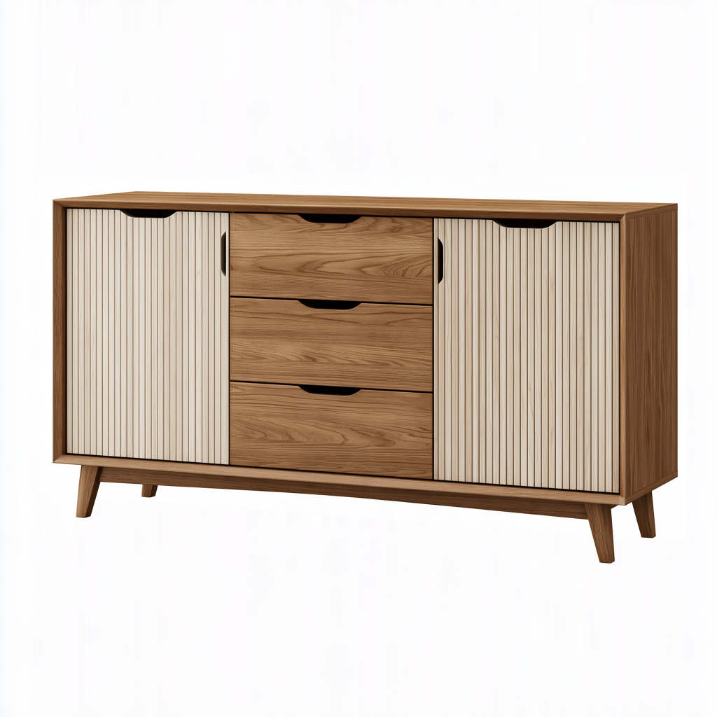 Buffet 160 x 40 x 90 cm en panneaux effet noyer et beige - rangement de salon style rétro