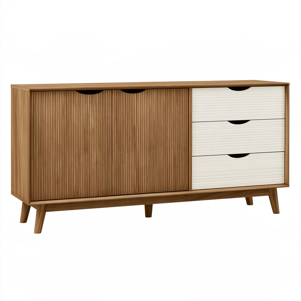 Buffet 160 cm en bois marron et blanc à portes coulissantes style scandinave