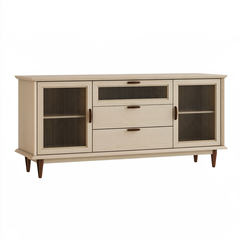 Buffet 180 x 40 x 85 cm en bois beige avec verre strié style rétro rangement