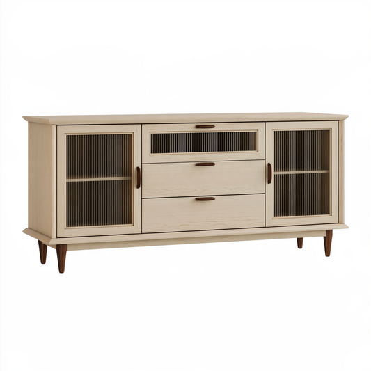 Buffet 180 x 40 x 85 cm en bois beige avec verre strié style rétro rangement