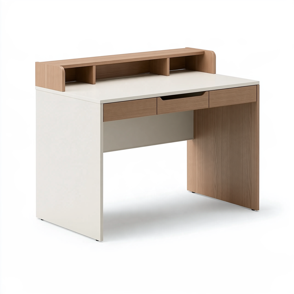 Bureau avec rangement 120 x 60 x 90 cm en panneaux de bois blanc et bois naturel avec étagère et tiroirs