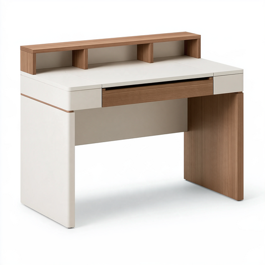 Bureau 120 x 60 cm blanc et bois avec tiroirs et étagère de rangement