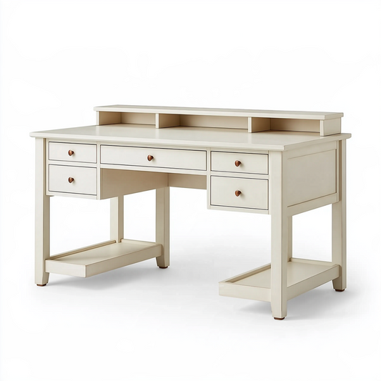 Bureau 140 x 60 x 92 cm en bois beige avec 5 tiroirs et étagère de rangement