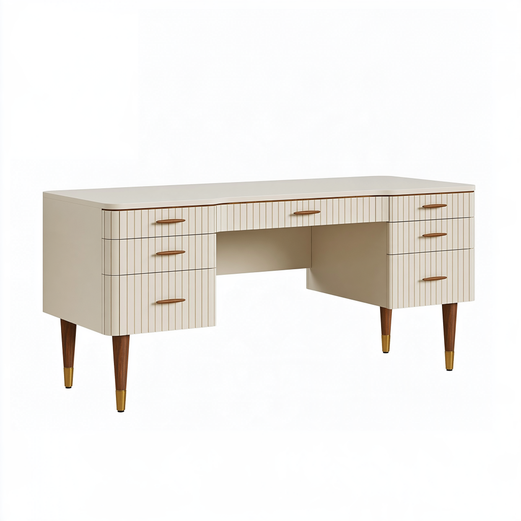 Bureau 180 x 70 x 76 cm en panneaux de bois beige avec 7 tiroirs style rétro