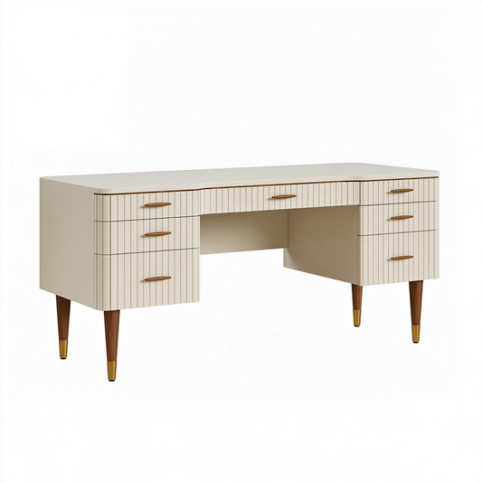 Bureau 180 x 70 x 76 cm en panneaux de bois beige avec 7 tiroirs style rétro