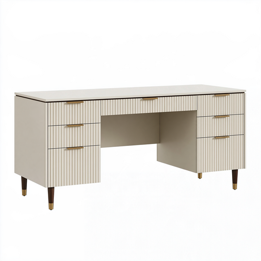 Bureau 140 x 60 x 76 cm en panneaux de bois blanc crème avec 7 tiroirs style contemporain