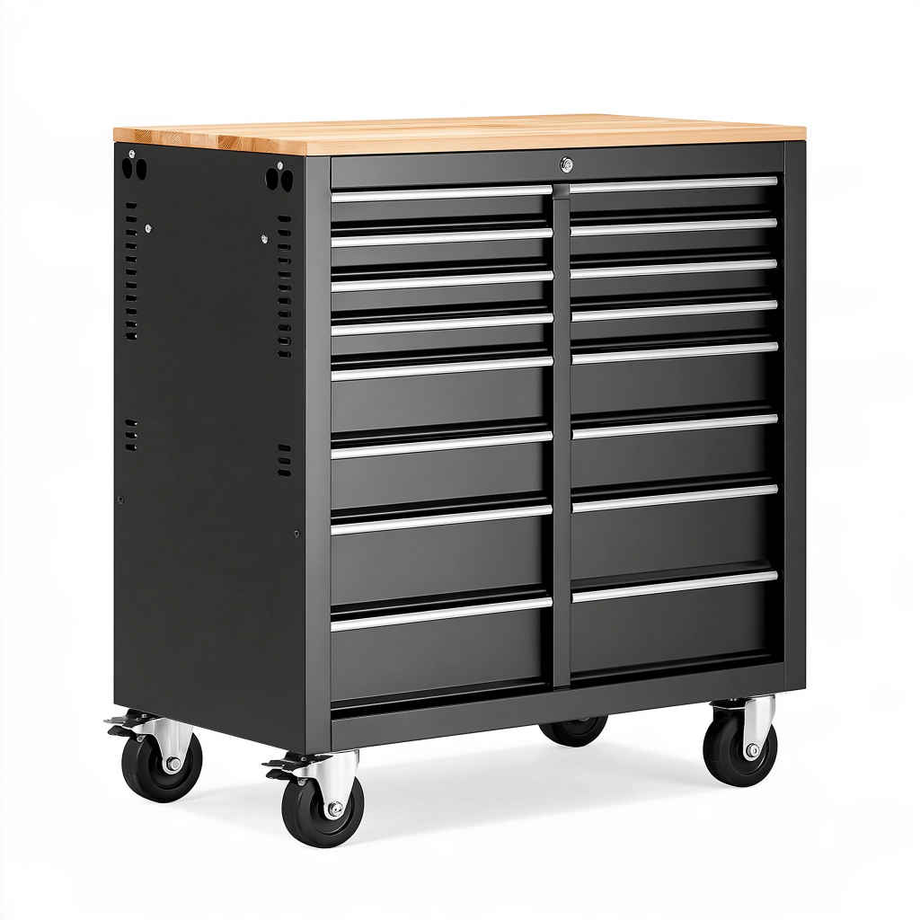 Servante d'atelier 100 x 46 x 96 cm acier noir plateau en bois à 12 tiroirs mobile
