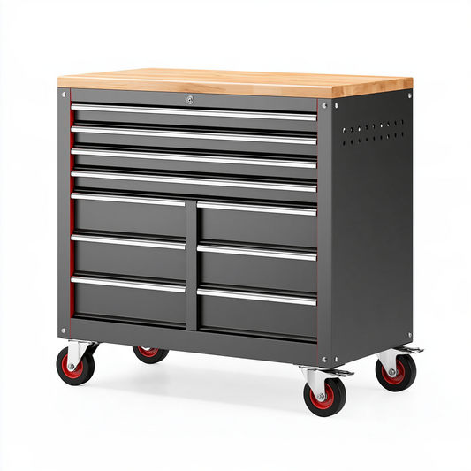 Servante d'atelier 100 x 50 x 95 cm en acier noir avec plateau en bois et 12 tiroirs sur roulettes