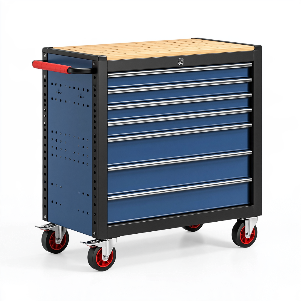 Servante d'atelier 80 x 50 x 95 cm en acier bleu à 6 tiroirs avec plan de travail en bois et roulettes