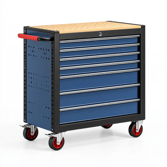 Servante d'atelier 80 x 50 x 95 cm en acier bleu à 6 tiroirs avec plan de travail en bois et roulettes