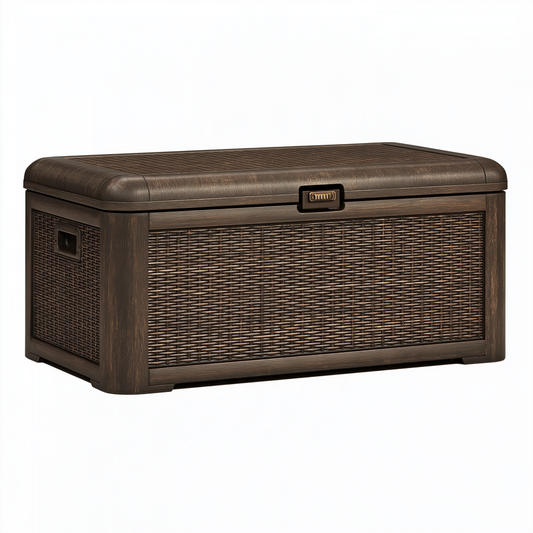 Coffre de rangement 100 x 50 x 50 cm en résine tressée marron - couvercle rabattable style naturel