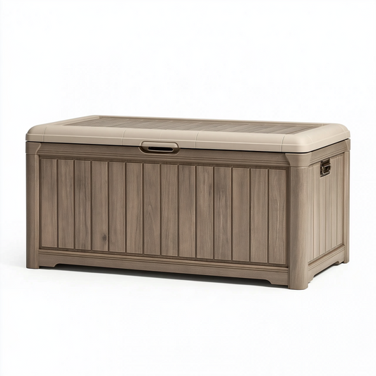 Coffre de rangement extérieur 120 x 55 x 60 cm en résine brun taupe avec couvercle