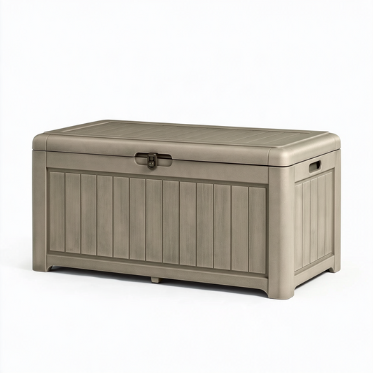 Coffre de rangement extérieur 120 x 56 x 60 cm en plastique taupe avec couvercle verrouillable