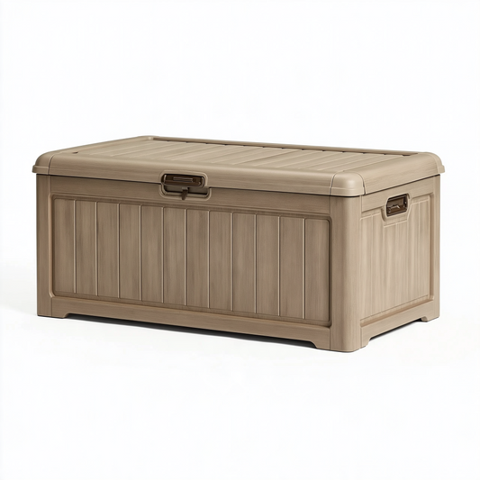 Coffre de rangement 120 x 56 x 60 cm en résine taupe pour extérieur avec couvercle