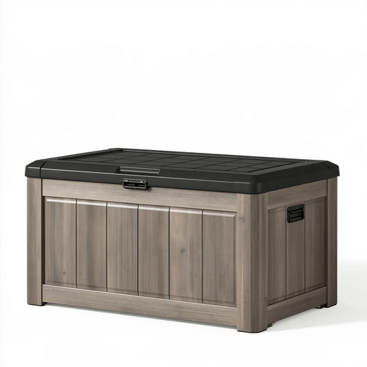 Coffre de rangement extérieur 120 x 55 x 60 cm en résine taupe et noir avec couvercle