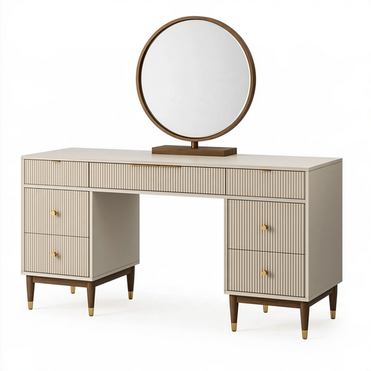 Coiffeuse 120 x 45 x 150 cm en bois beige et brun avec miroir et rangements style contemporain