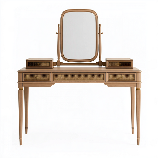 Coiffeuse 120 cm en bois beige avec miroir et rangements style classique