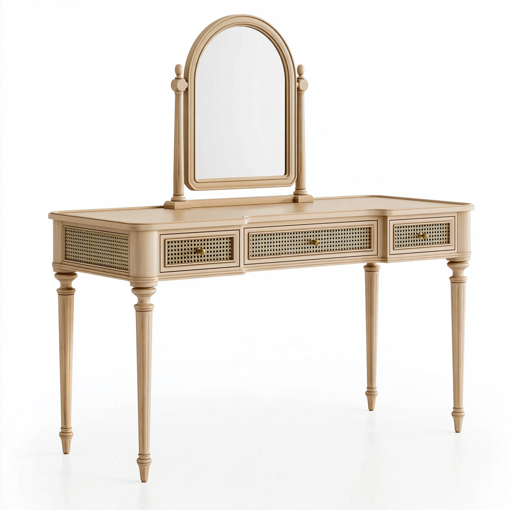 Coiffeuse 120 x 45 x 145 cm en bois beige avec miroir et tiroirs style classique