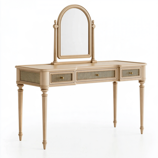 Coiffeuse 120 x 45 x 145 cm en bois beige avec miroir et tiroirs style classique