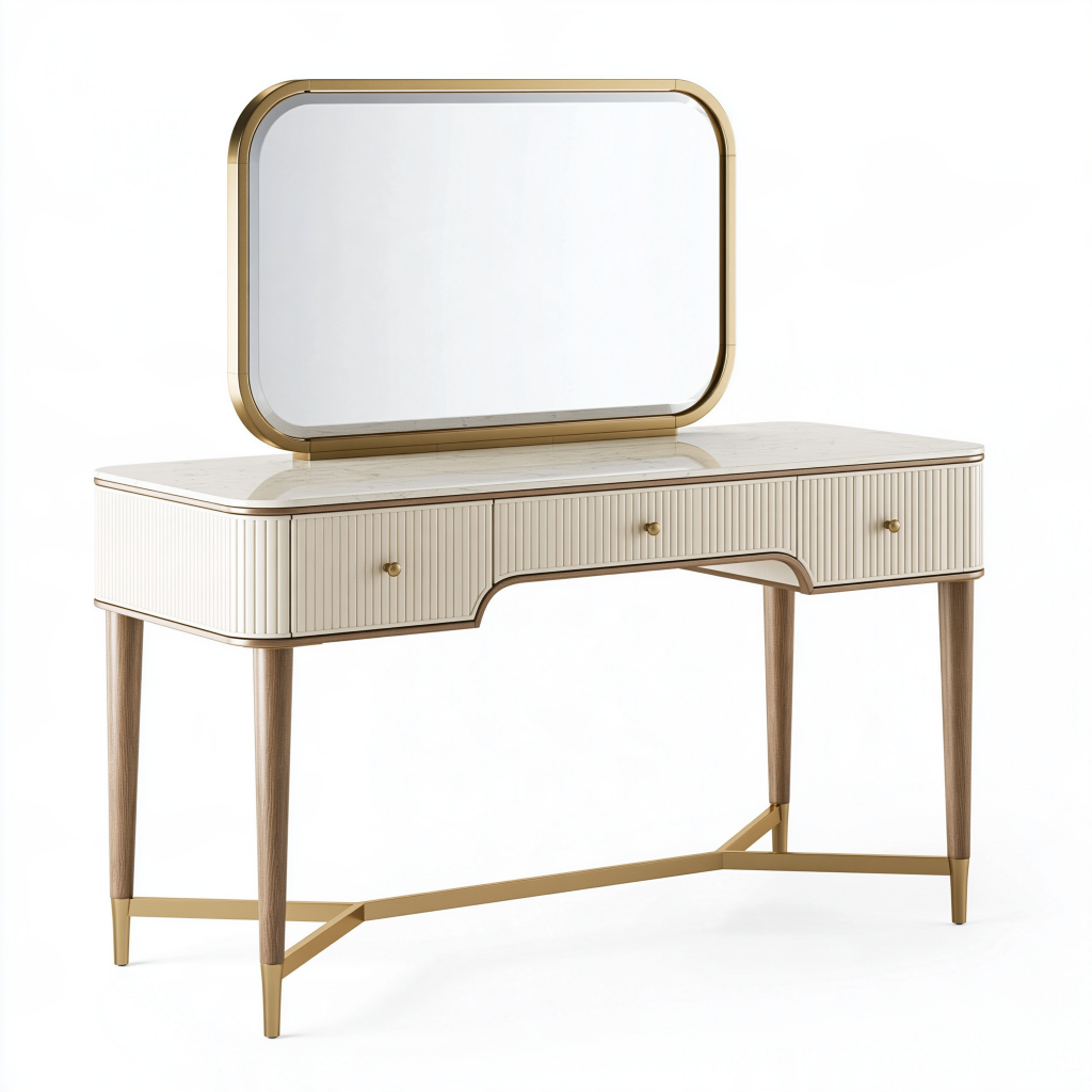 Coiffeuse 120 x 45 x 150 cm blanche et dorée avec miroir en verre et 3 tiroirs style contemporain