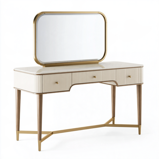 Coiffeuse 120 x 45 x 150 cm blanche et dorée avec miroir en verre et 3 tiroirs style contemporain