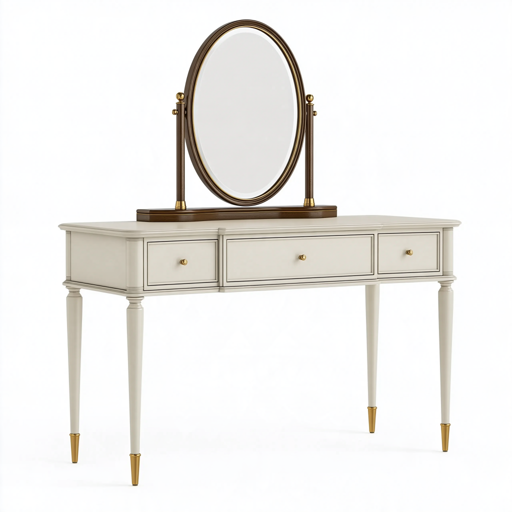 Coiffeuse 120 x 45 x 150 cm en bois blanc cassé avec miroir ovale style classique à 3 tiroirs