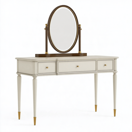 Coiffeuse 120 x 45 x 150 cm en bois blanc cassé avec miroir ovale style classique à 3 tiroirs