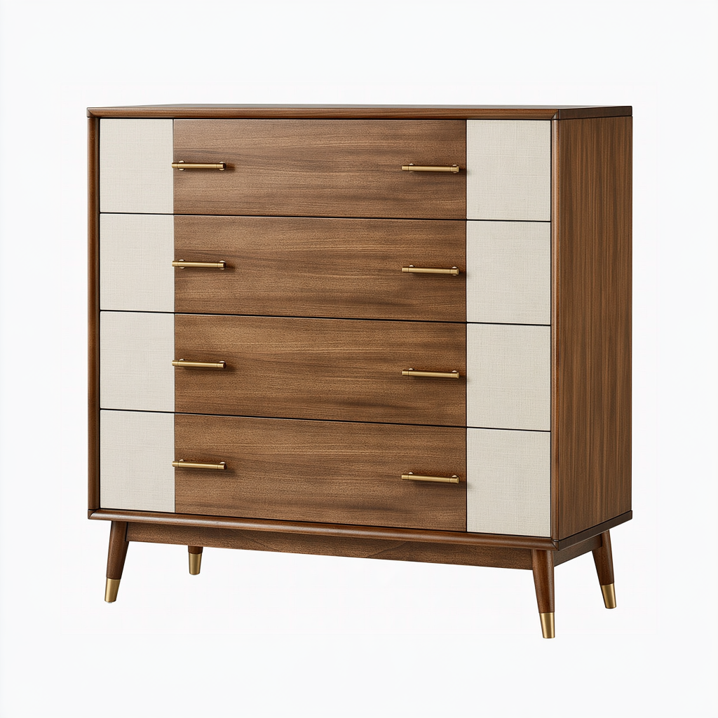 Commode 100 x 45 x 110 cm en bois brun et beige à 4 tiroirs style rétro