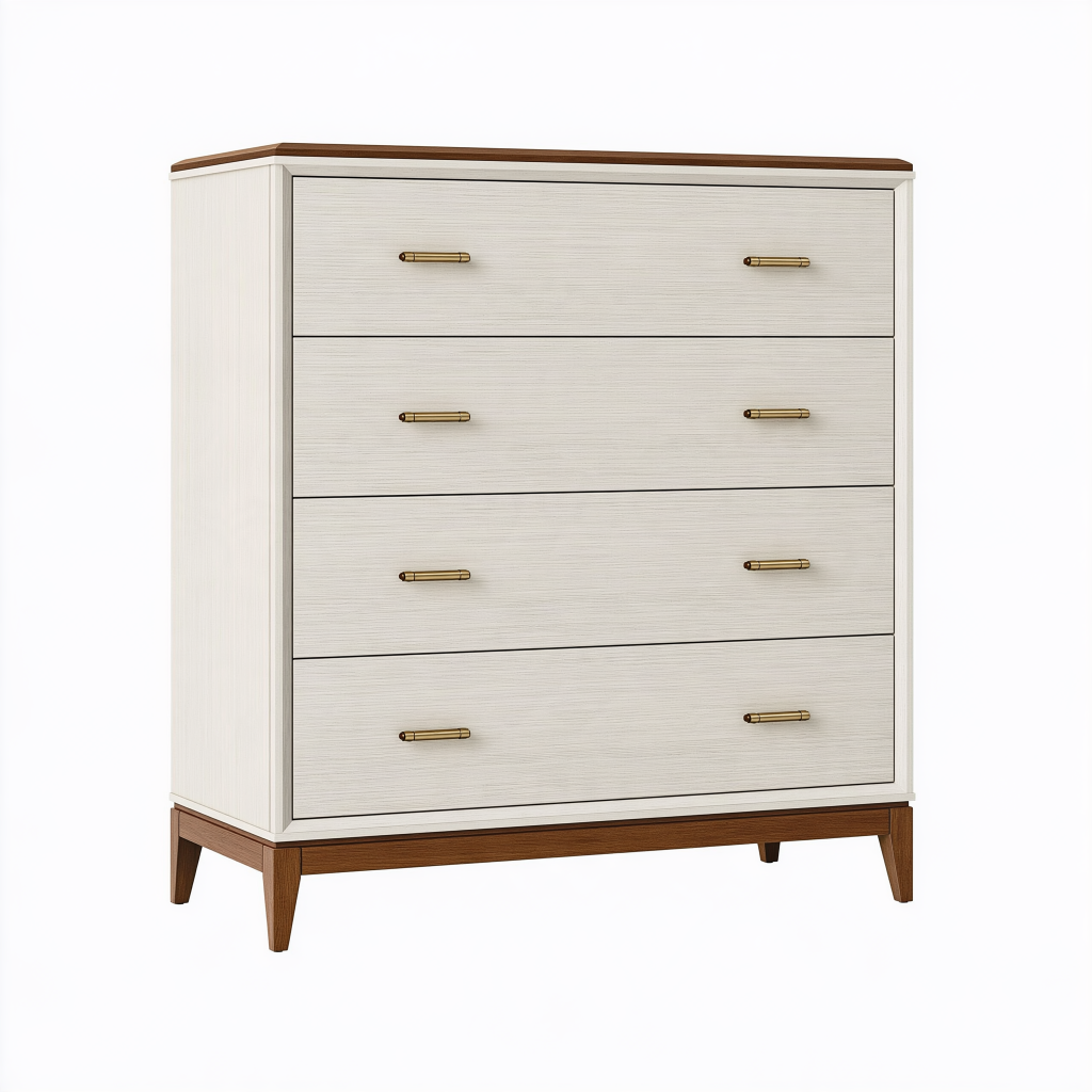 Commode 90 x 45 x 120 cm blanche et marron à 4 tiroirs style rétro