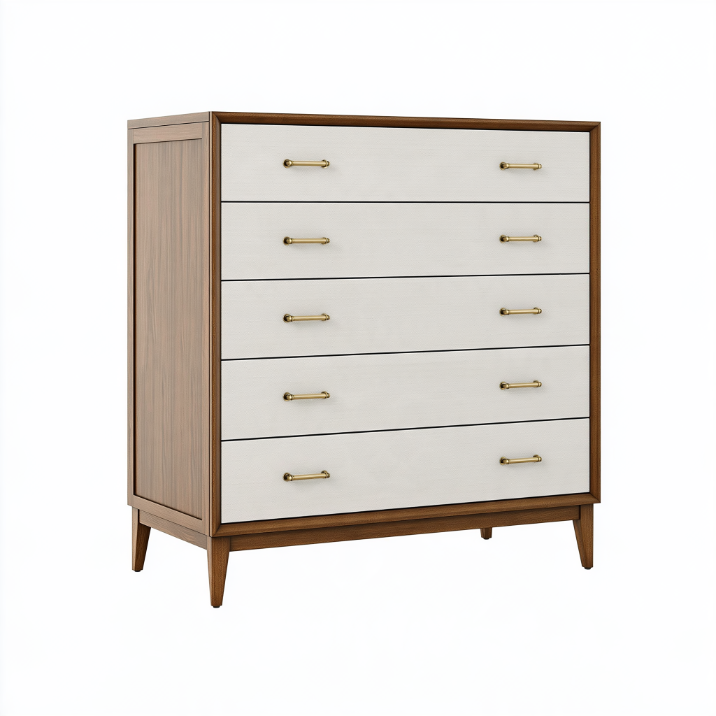 Commode 100 x 45 x 120 cm en bois marron et beige à 5 tiroirs style moderne