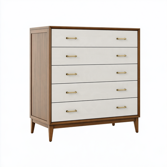 Commode 100 x 45 x 120 cm en bois marron et beige à 5 tiroirs style moderne