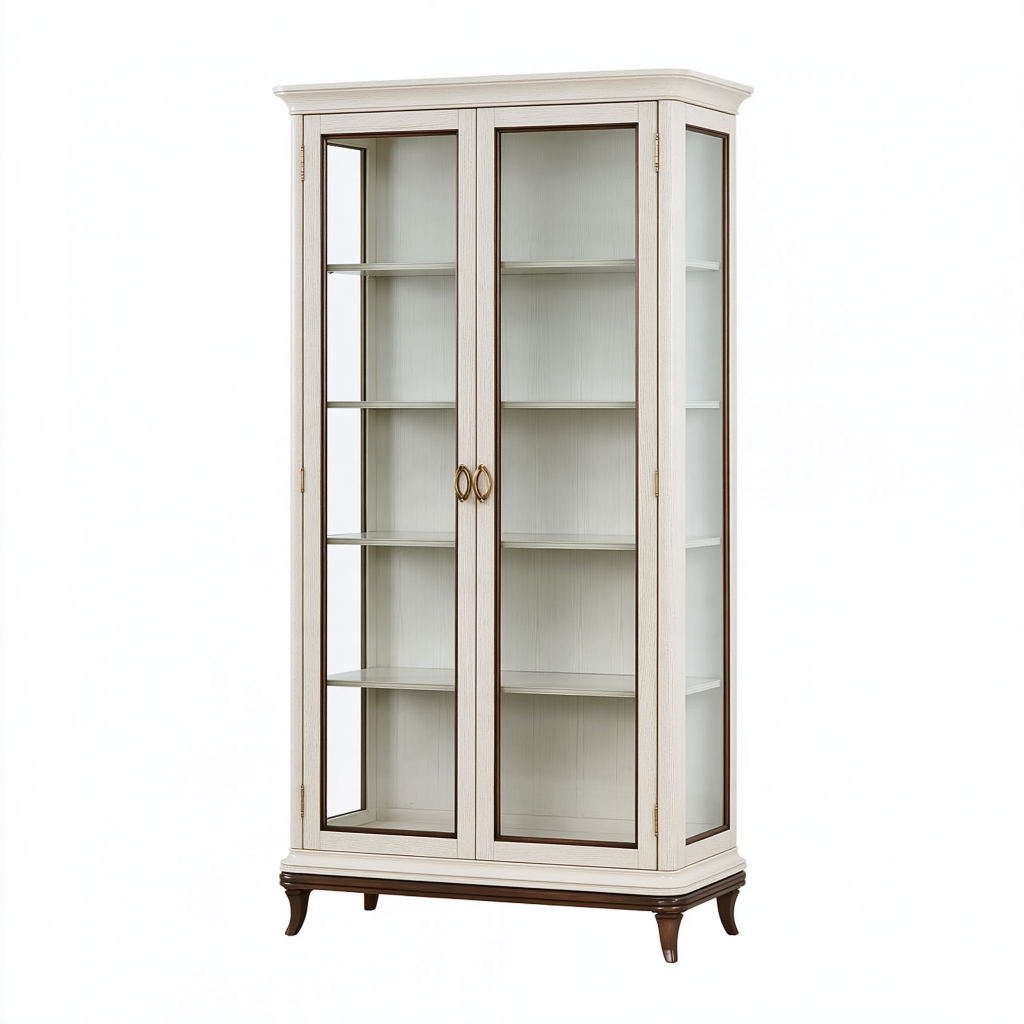 Vitrine 90 x 40 x 190 cm en bois blanc cassé et verre avec portes battantes style classique