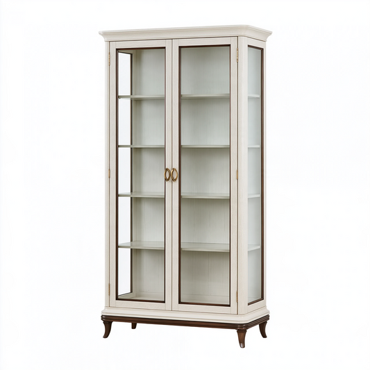 Vitrine 90 x 40 x 190 cm en bois blanc cassé et verre avec portes battantes style classique