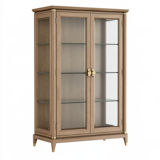 Vitrine 95 x 42 x 180 cm en bois brun clair et verre à deux portes style classique