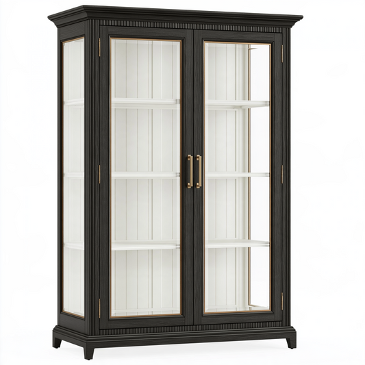Vitrine 110 x 45 x 210 cm en bois noir et verre - rangement classique à 2 portes